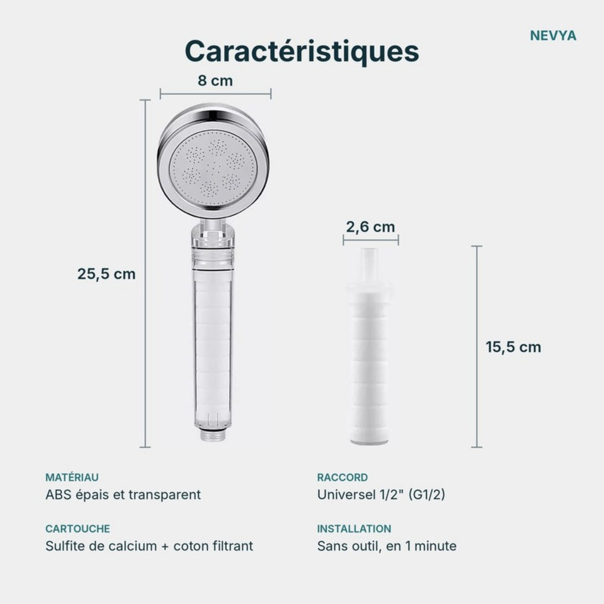 Dimensions du pommeau Nevya : 25,5 cm, tête de 8 cm, cartouche 15,5 x 2,6 cm