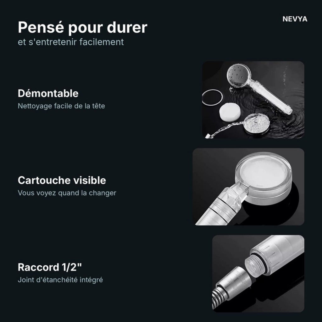 Pommeau Nevya démontable, cartouche visible et raccord 1/2 pouce